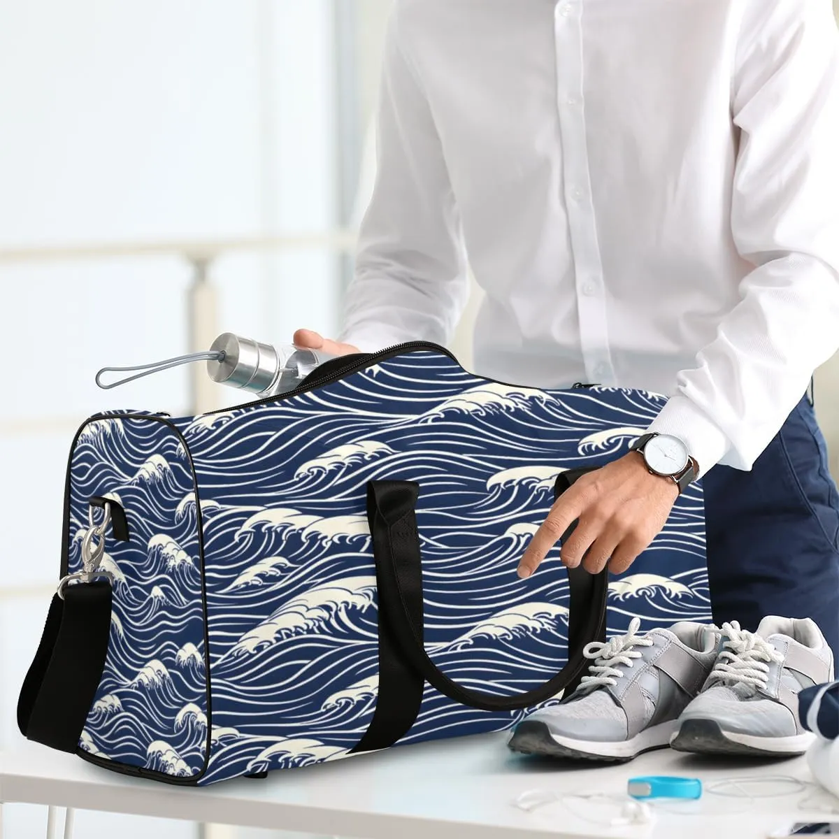 Blue Sea Wave Travel Duffle Bag, Sports Gym Bags for Women Men, Carry On Weekender Overnight Bag, Ocean Theme Workout Hospital Airplane Trips Bag