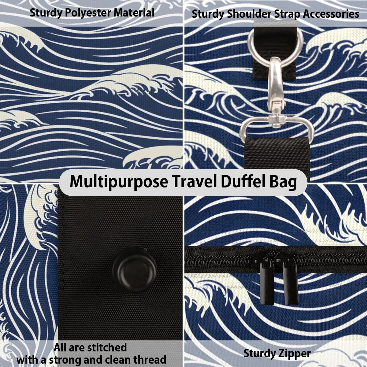Blue Sea Wave Travel Duffle Bag, Sports Gym Bags for Women Men, Carry On Weekender Overnight Bag, Ocean Theme Workout Hospital Airplane Trips Bag