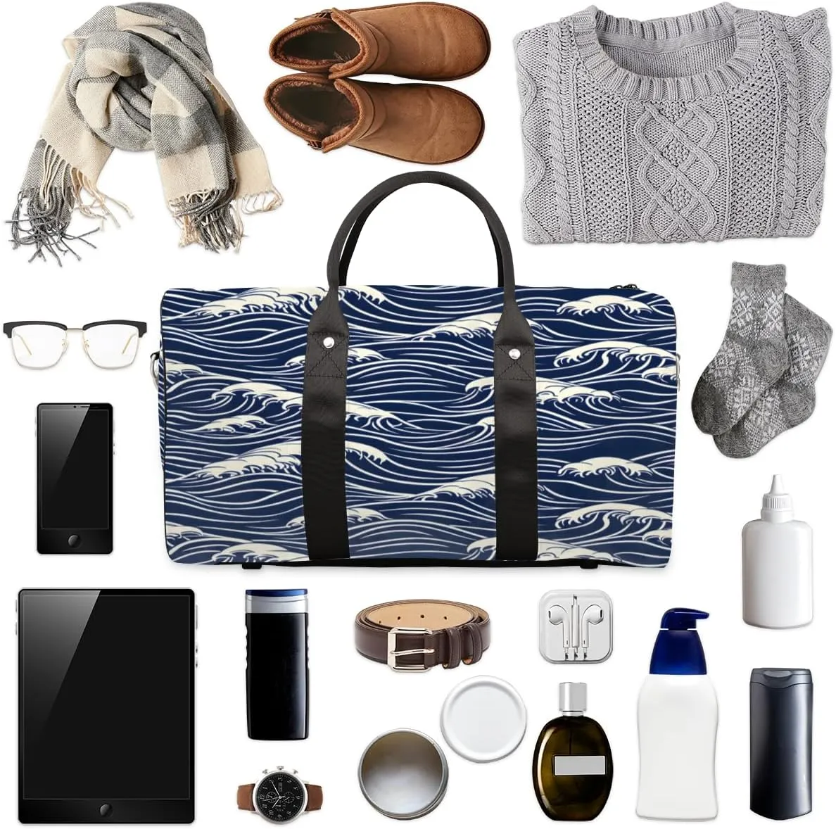 Blue Sea Wave Travel Duffle Bag, Sports Gym Bags for Women Men, Carry On Weekender Overnight Bag, Ocean Theme Workout Hospital Airplane Trips Bag