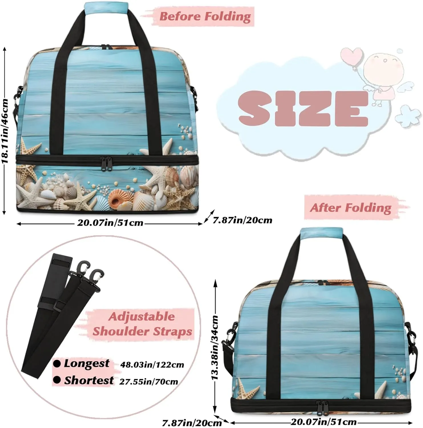 Board Blue Shell Travel Duffel Bags for Women & Men Large Sports Gym Bags Foldie Weekender Overnight Bag Carry On Tote Bag With Shoe Compartment Personal Item Luggage for Travel Sports Gym