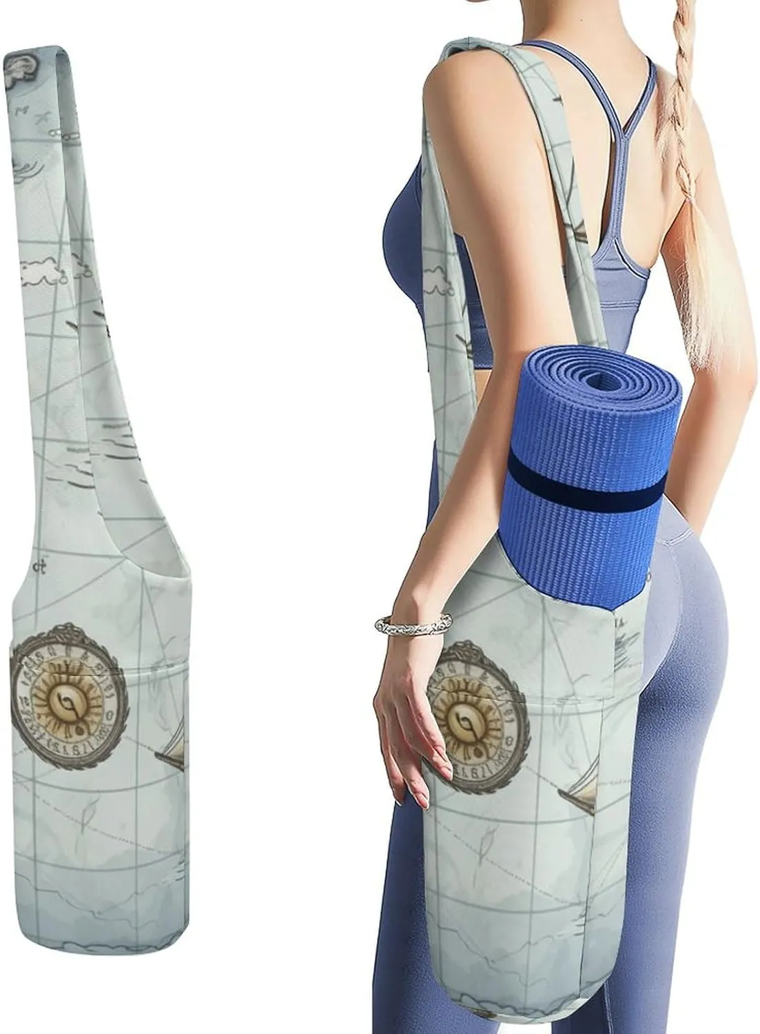 Boat Map Printed Yoga Mat Bag Long Tote with Pockets for Your Yoga Accessories Exercise Yoga Mat Carrier Holder Multi-Functional Storage Bag Holds Most Pilates Mats