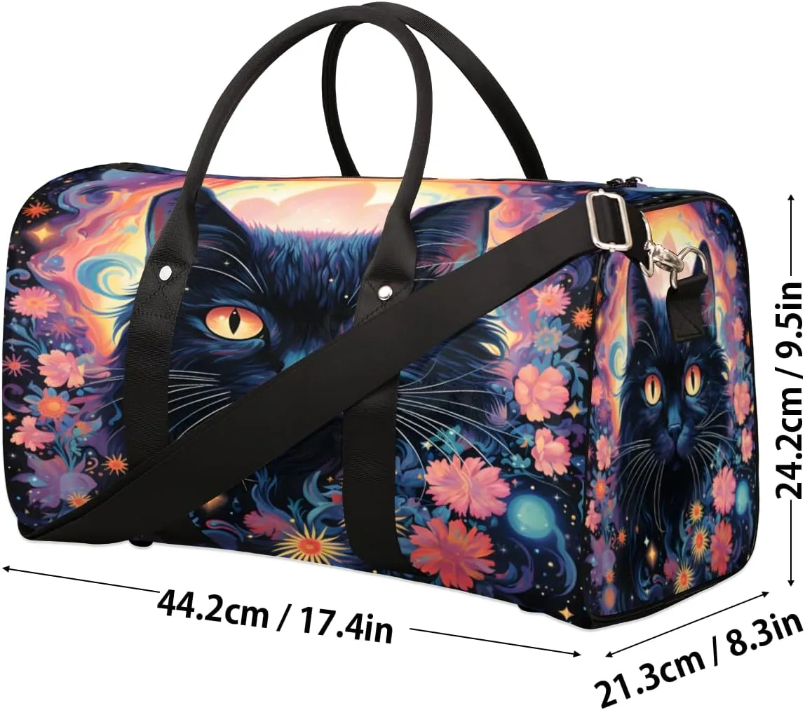 Boho Cat Travel Duffle Bag, Sports Gym Bags for Women Men, Carry On Weekender Overnight Bag, Flower Cat Workout Hospital Airplane Trips Bag
