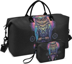 Boho Ethnic Owls Sports Gym Bag for Women Men Travel Duffel Bag Weekend Overnight Carry on Bag with Toiletry Bag Training Handbag for Hospital Plane Swimming Yoga Workout