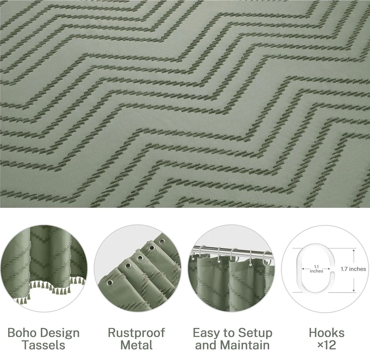 Boho Extra Long Sage Green Shower Curtain with Tassel, Woven Fabric Shower Curtain, Tufted Chevron Striped, 72 x 78, Modern Chic Textured Minimalist Bathroom Shower Curtain