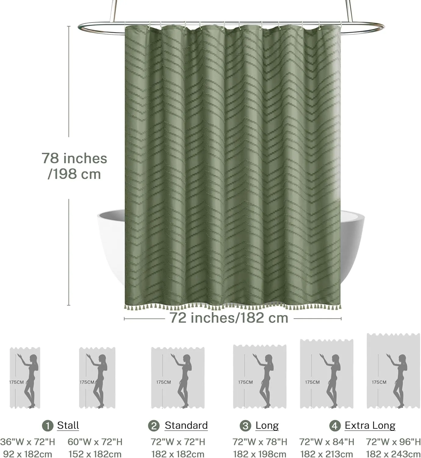 Boho Extra Long Sage Green Shower Curtain with Tassel, Woven Fabric Shower Curtain, Tufted Chevron Striped, 72 x 78, Modern Chic Textured Minimalist Bathroom Shower Curtain