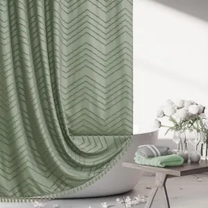 Boho Extra Long Sage Green Shower Curtain with Tassel, Woven Fabric Shower Curtain, Tufted Chevron Striped, 72 x 78, Modern Chic Textured Minimalist Bathroom Shower Curtain