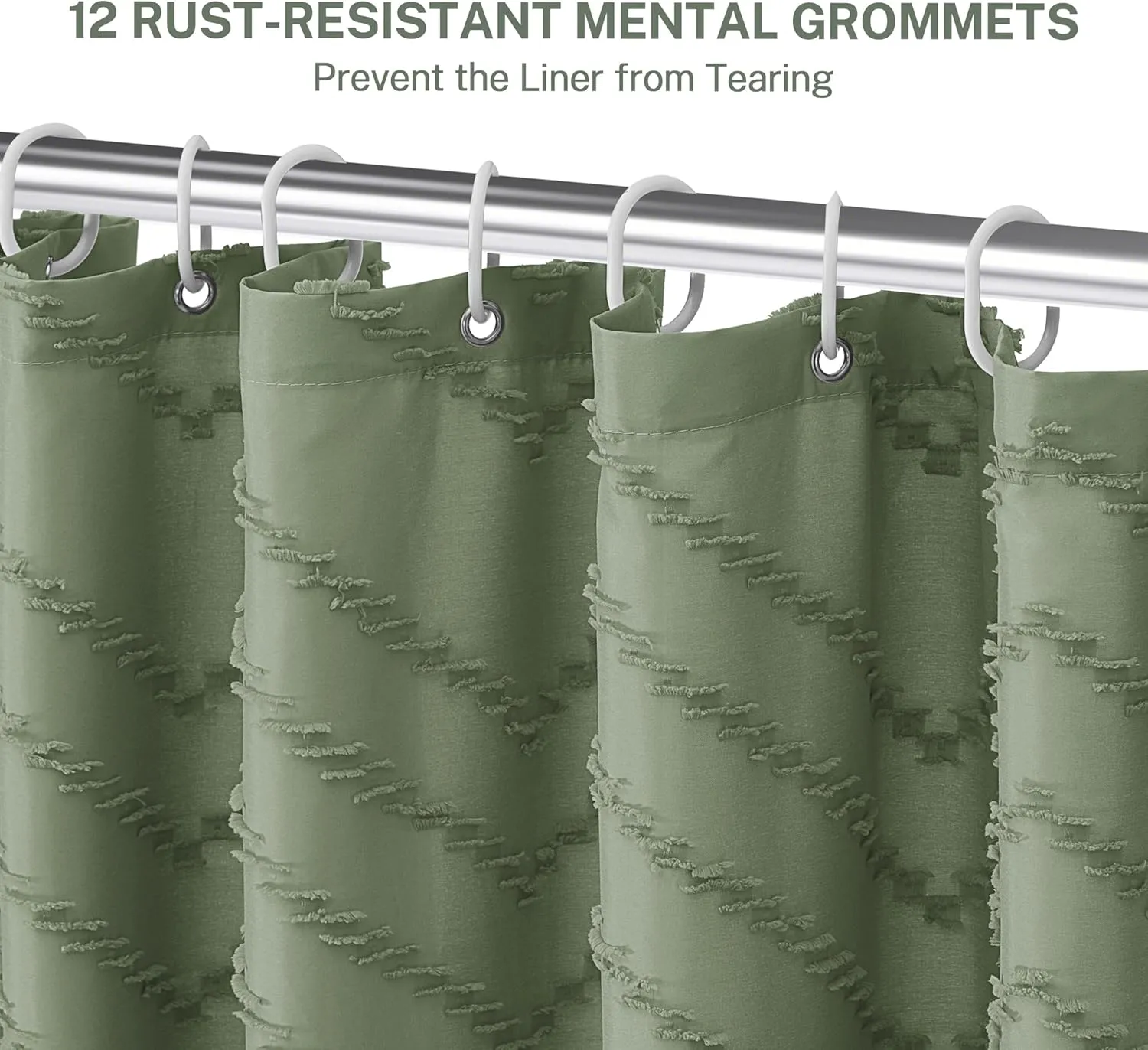 Boho Extra Long Sage Green Shower Curtain with Tassel, Woven Fabric Shower Curtain, Tufted Chevron Striped, 72 x 78, Modern Chic Textured Minimalist Bathroom Shower Curtain