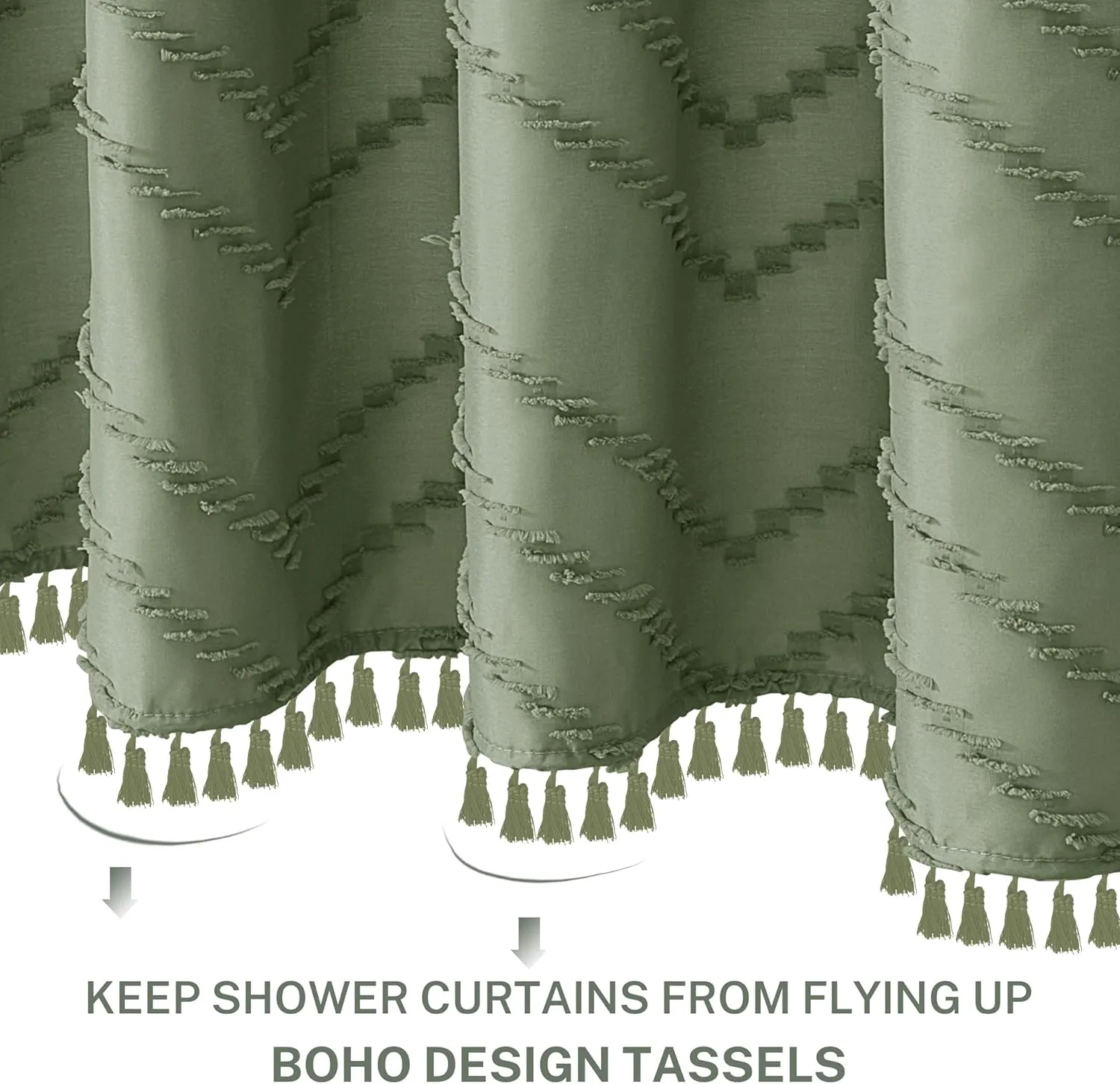 Boho Extra Long Sage Green Shower Curtain with Tassel, Woven Fabric Shower Curtain, Tufted Chevron Striped, 72 x 78, Modern Chic Textured Minimalist Bathroom Shower Curtain