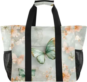 Bolaz Travel Tote Bag，Gym Bag for Men,Waterproof Beach Bag for Women Foldable Reusable-Green Butterfly Flesh