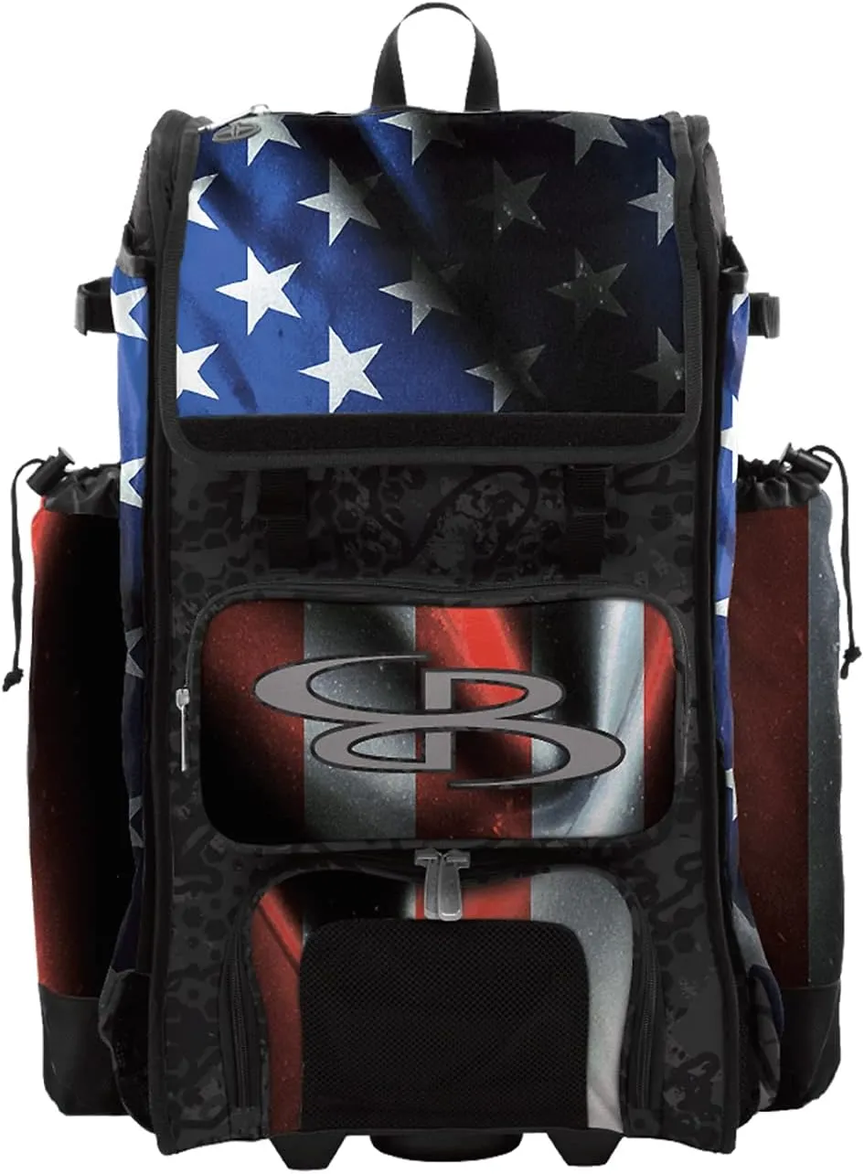 Boombah Catchers Superpack Hybrid Rolling Bat Bag - USA Black Ops Black/Royal Blue/Red - Wheeled & Backpack Version