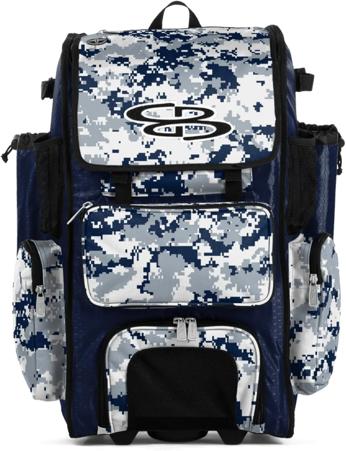 Boombah Rolling Superpack Baseball/Softball Gear Bag - BRSP2CMC23 Digital Camo Navy/Gray - Telescopic Handle - Holds 4 Bats - Wheeled Version