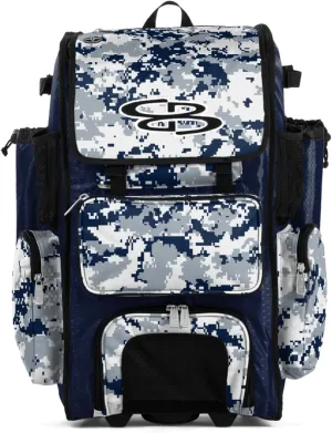 Boombah Rolling Superpack Baseball/Softball Gear Bag - BRSP2CMC23 Digital Camo Navy/Gray - Telescopic Handle - Holds 4 Bats - Wheeled Version