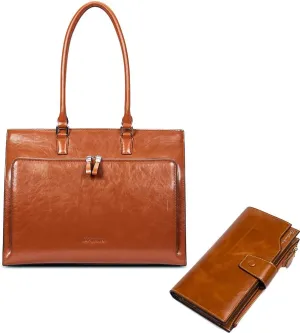BOSTANTEN Leather Briefcase for Women Vintage 15.6 inch Laptop Bag Brown and Womens Wallet Genuine Leather Wallets Large Capacity Cash Cluth Purses Brown Bundle