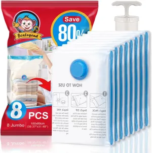 BoxLegend Vacuum Storage Bags Space Saving Bags Vacuum Bags Vacuum Pack Storage Bags 8 Jumbo 31.5’’x39.37’’ Double Zipper Seal & Leak Valve Reusable for Clothes Pillow Comforters Bedding, 1 Large Pump