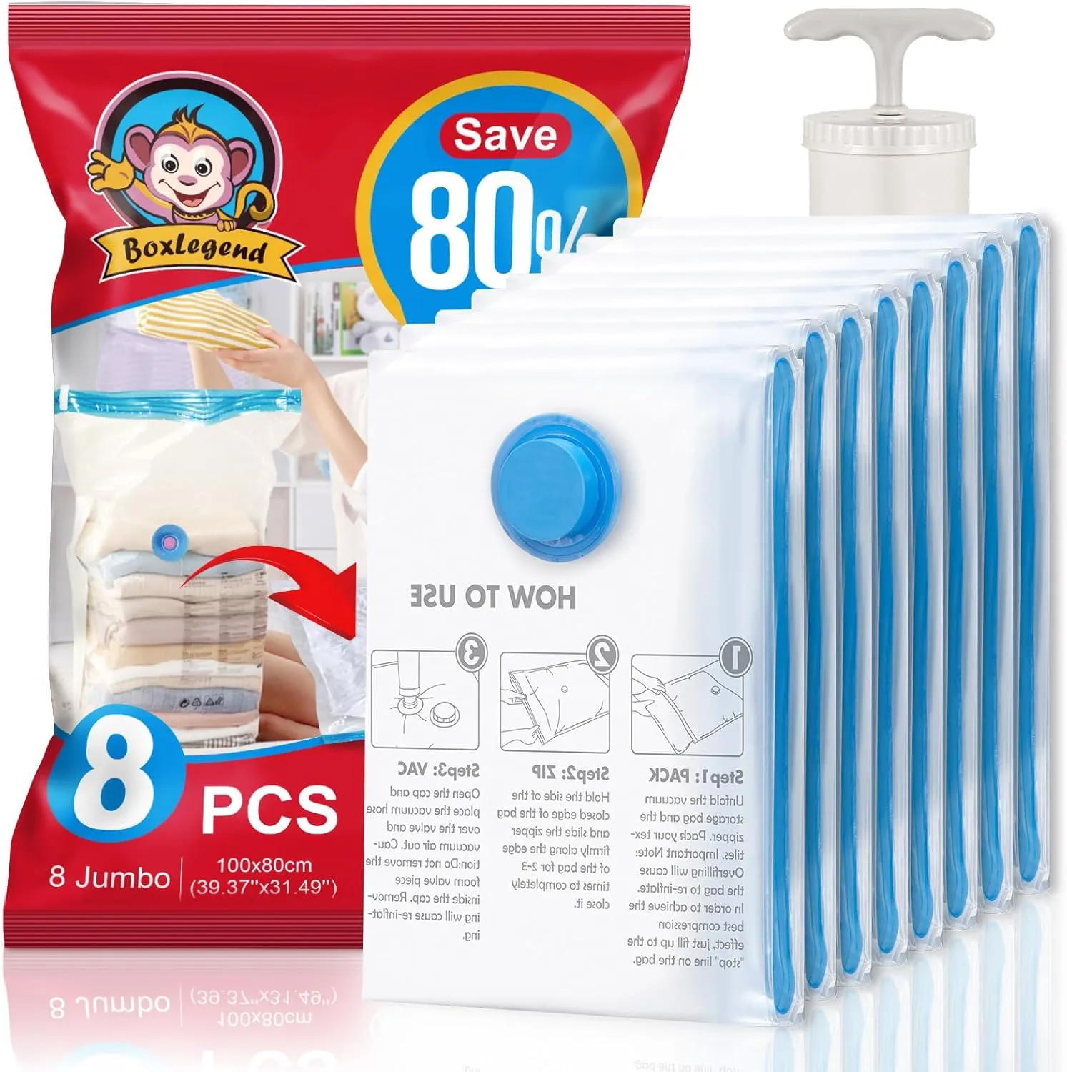 BoxLegend Vacuum Storage Bags Space Saving Bags Vacuum Bags Vacuum Pack Storage Bags 8 Jumbo 31.5’’x39.37’’ Double Zipper Seal & Leak Valve Reusable for Clothes Pillow Comforters Bedding, 1 Large Pump