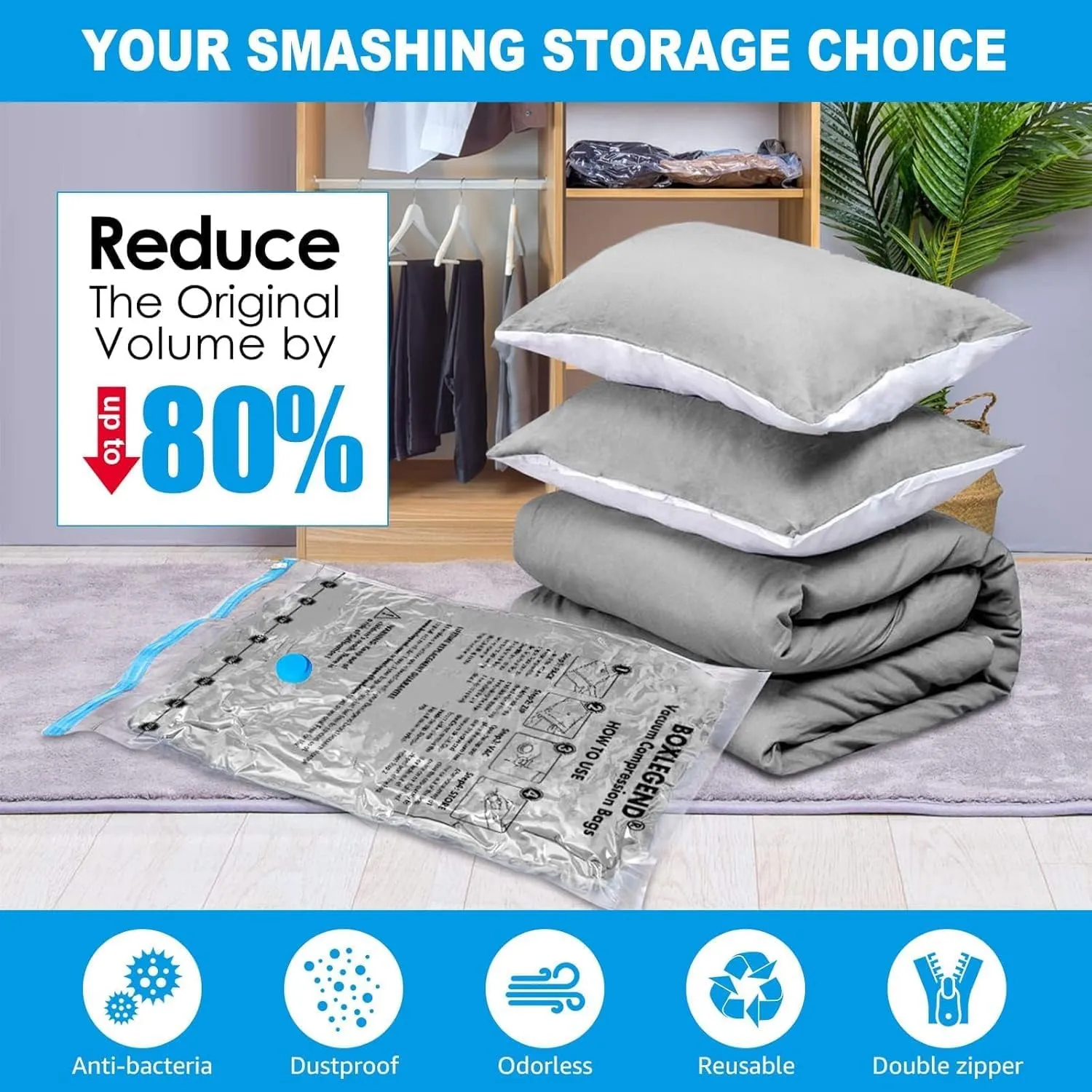 BoxLegend Vacuum Storage Bags Space Saving Bags Vacuum Bags Vacuum Pack Storage Bags 8 Jumbo 31.5’’x39.37’’ Double Zipper Seal & Leak Valve Reusable for Clothes Pillow Comforters Bedding, 1 Large Pump