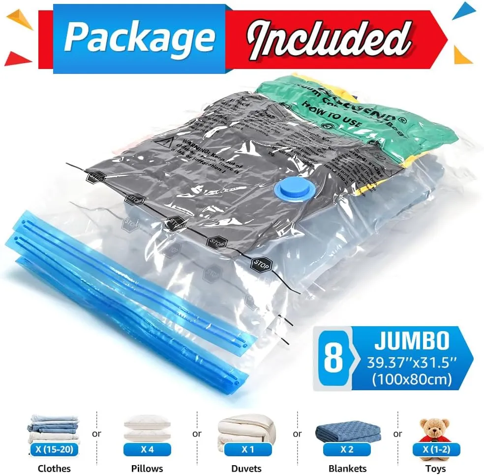 BoxLegend Vacuum Storage Bags Space Saving Bags Vacuum Bags Vacuum Pack Storage Bags 8 Jumbo 31.5’’x39.37’’ Double Zipper Seal & Leak Valve Reusable for Clothes Pillow Comforters Bedding, 1 Large Pump