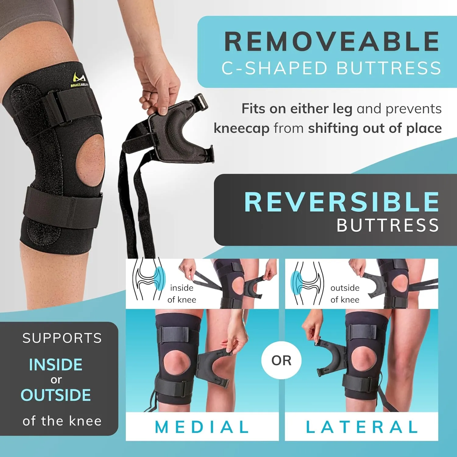 BraceAbility J Patella Knee Brace - Lateral Patellar Stabilizer with Medial and J-Lat Support Straps for Dislocation, Subluxation, Patellofemoral Pain, Left or Right Kneecap Tracking (2XL)
