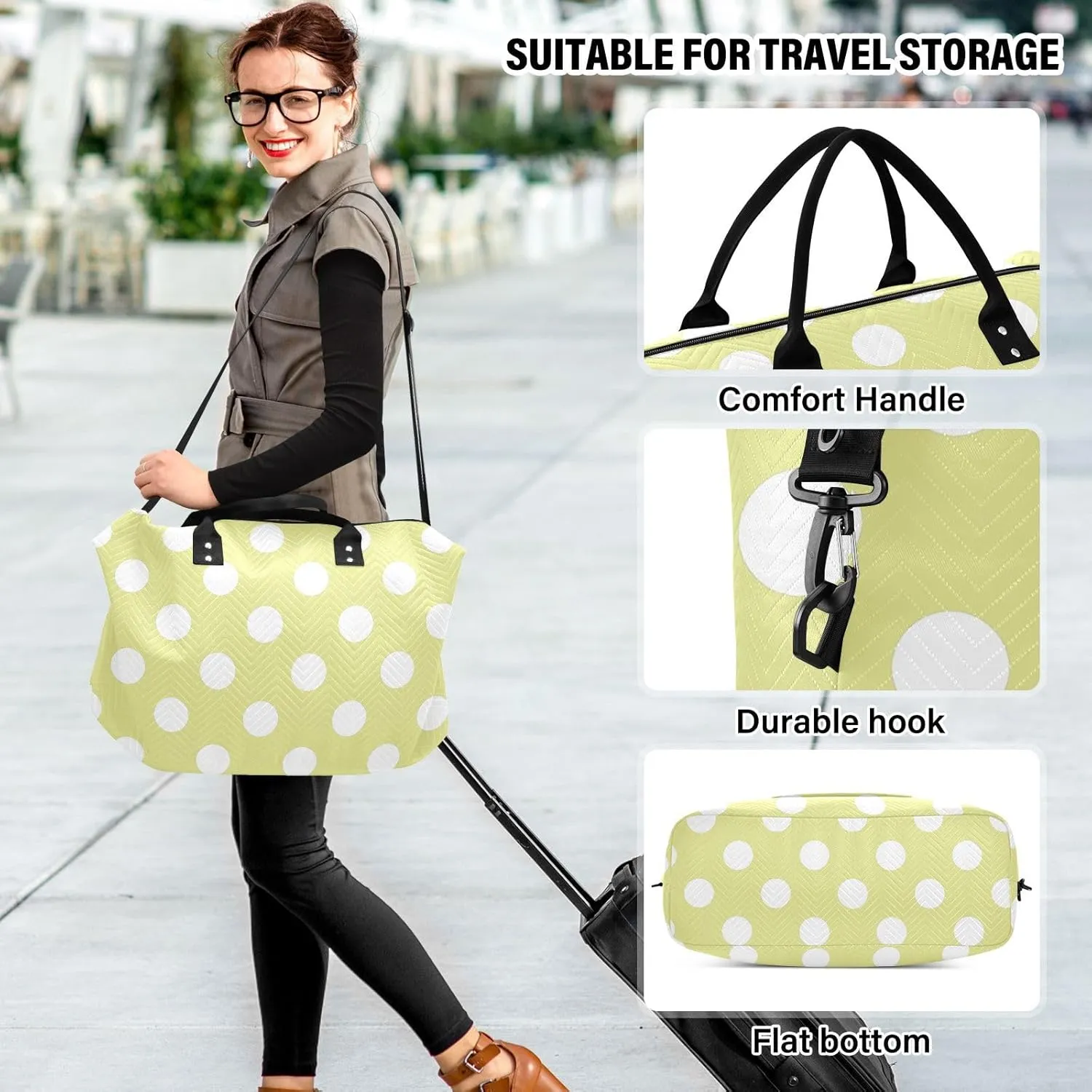 Bright Yellow Polka Dot Sports Gym Bag for Women Men Travel Duffel Bag Weekend Overnight Carry on Bag with Toiletry Bag Yoga Bag for Hospital Plane Swimming Yoga Workout