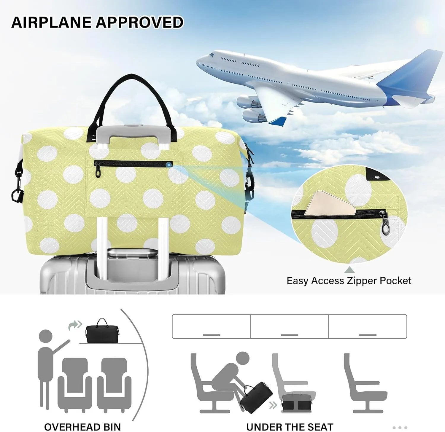 Bright Yellow Polka Dot Sports Gym Bag for Women Men Travel Duffel Bag Weekend Overnight Carry on Bag with Toiletry Bag Yoga Bag for Hospital Plane Swimming Yoga Workout