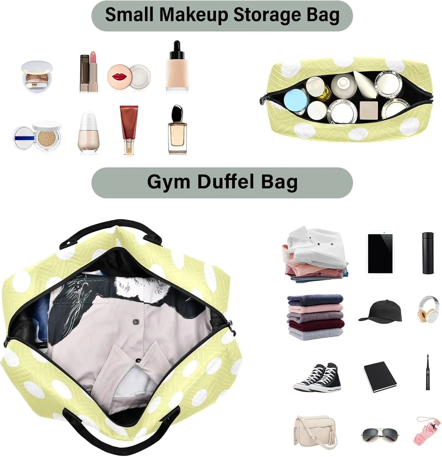 Bright Yellow Polka Dot Sports Gym Bag for Women Men Travel Duffel Bag Weekend Overnight Carry on Bag with Toiletry Bag Yoga Bag for Hospital Plane Swimming Yoga Workout
