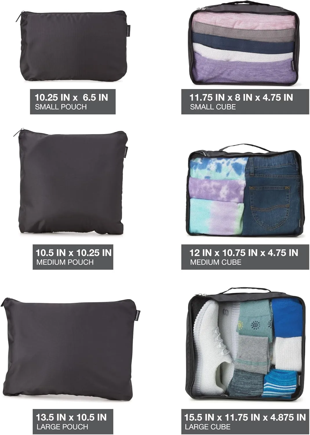 Brookstone Packing Cubes - 6 Piece Compression Packing Cubes for Travel - Tear Resistant Travel Essentials Bag Organizer Set, Black