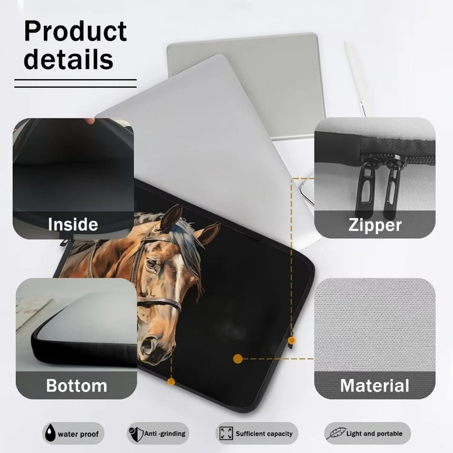 Brown Horse Black Laptops Sleeve Portable Computer Carrying Case with Zippers Tablet Shoulder Bag