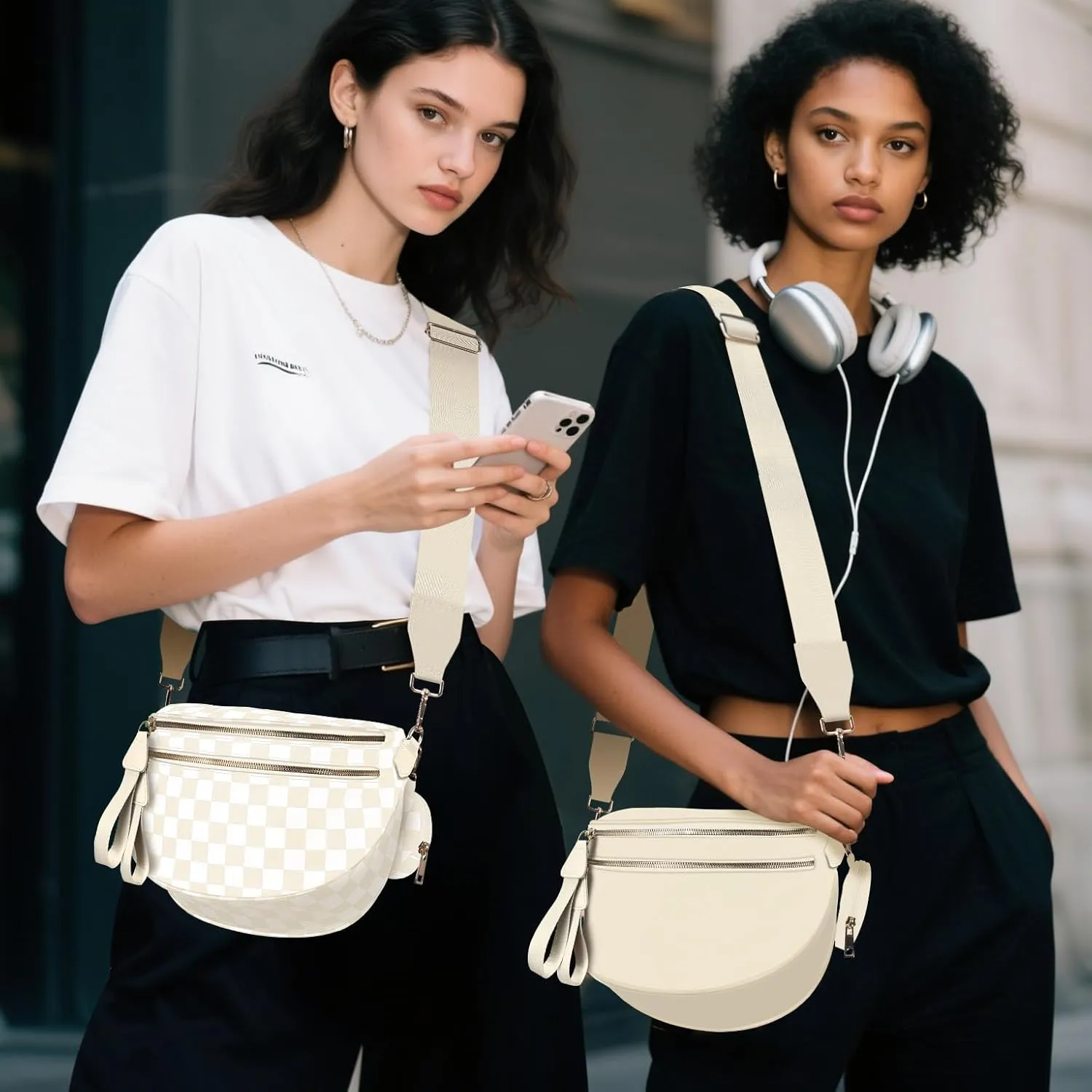 Bum Bags for Women Checkered Crossbody Bag with Removable Wallets Large Nylon Belt Purse Fanny Packs, Bonus with a Extra Strap