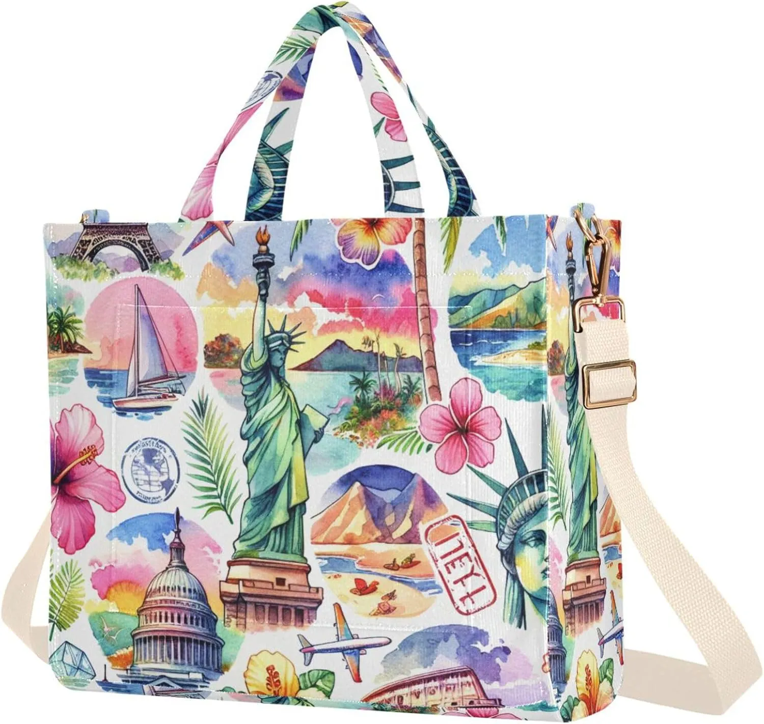 Burbuja Famous Landmarks Tote Bag for Women, Corduroy Tote Bag Handbag Crossbody Bag for Shopping Work Travel