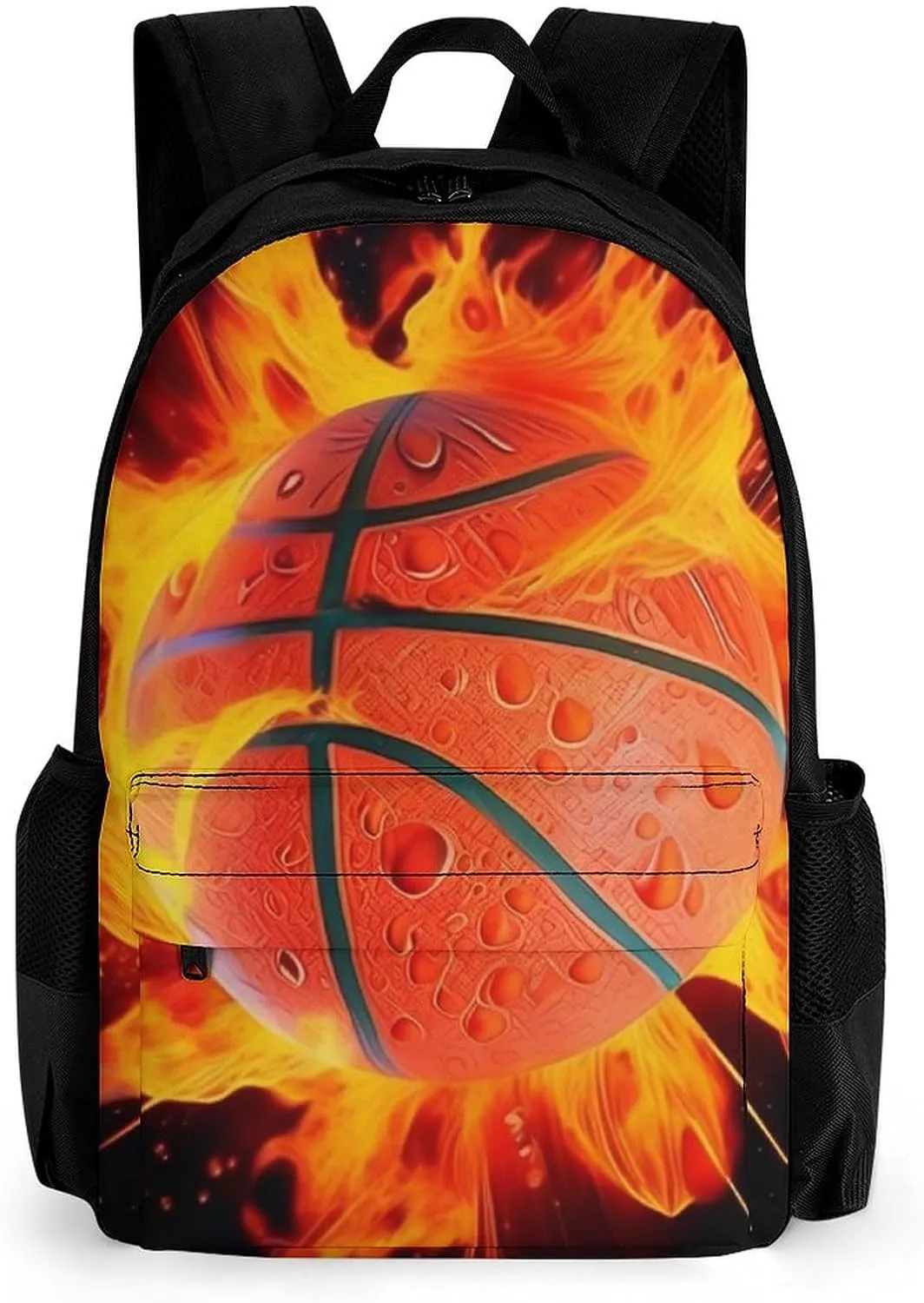 Burnning Fire Basketball Art Backpack Polyester Anti-Theft Multipurpose Bookbag Large Capacity Laptop Book Bag Rucksack With Side Pockets