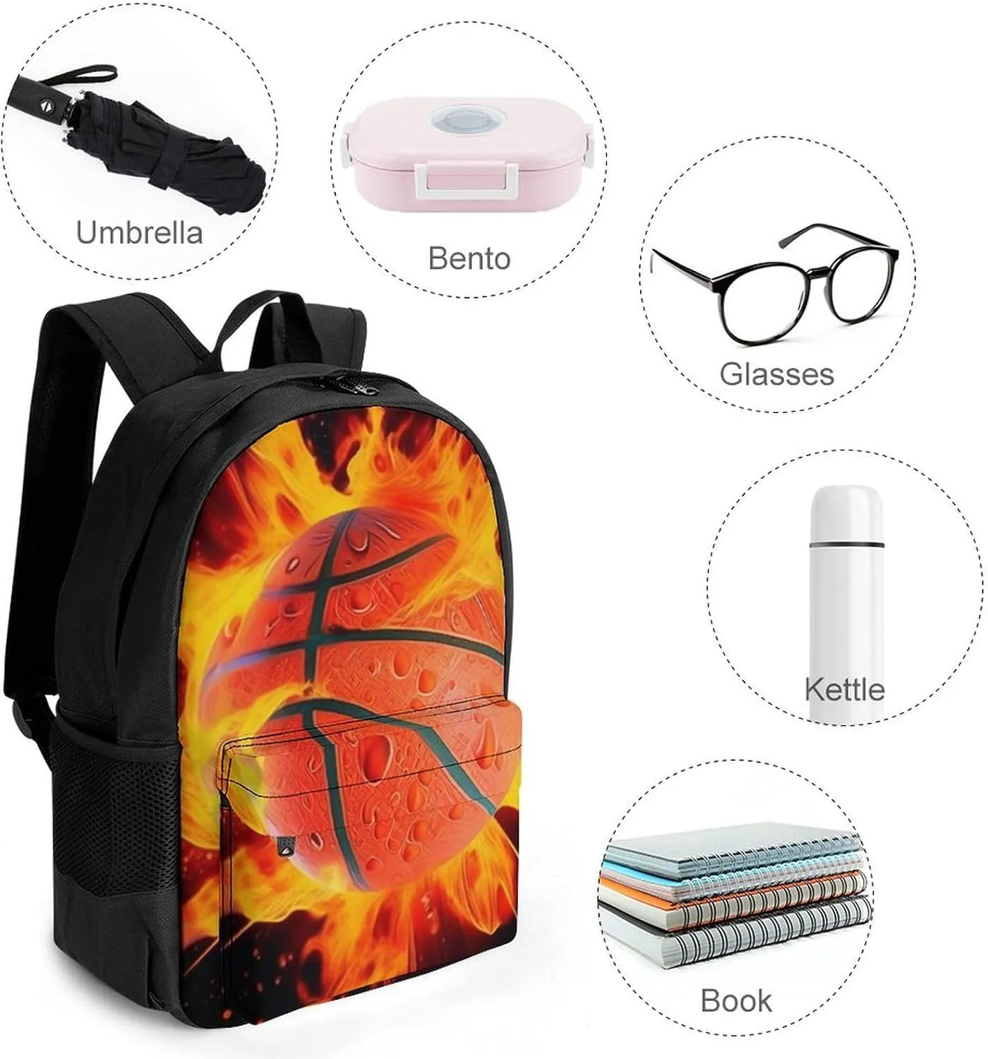 Burnning Fire Basketball Art Backpack Polyester Anti-Theft Multipurpose Bookbag Large Capacity Laptop Book Bag Rucksack With Side Pockets