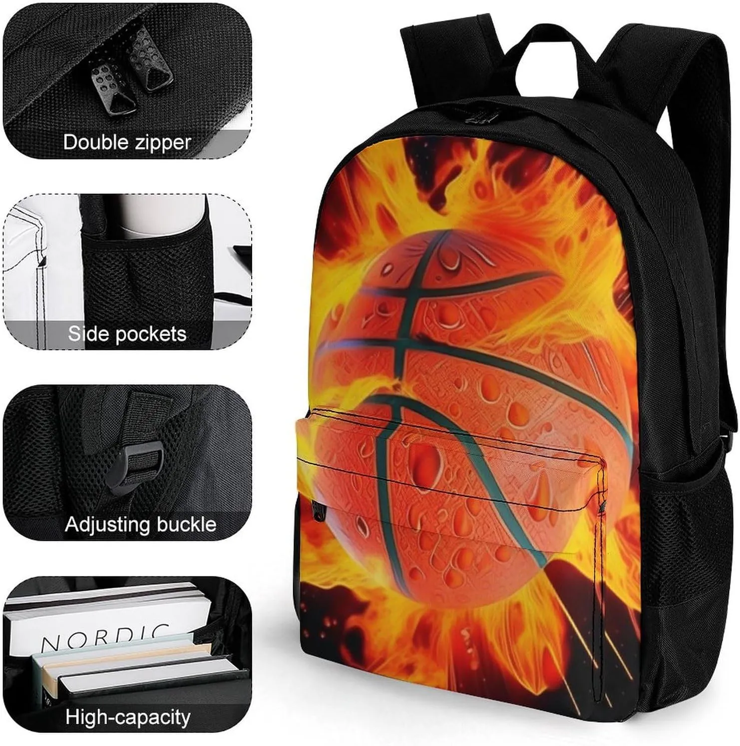 Burnning Fire Basketball Art Backpack Polyester Anti-Theft Multipurpose Bookbag Large Capacity Laptop Book Bag Rucksack With Side Pockets