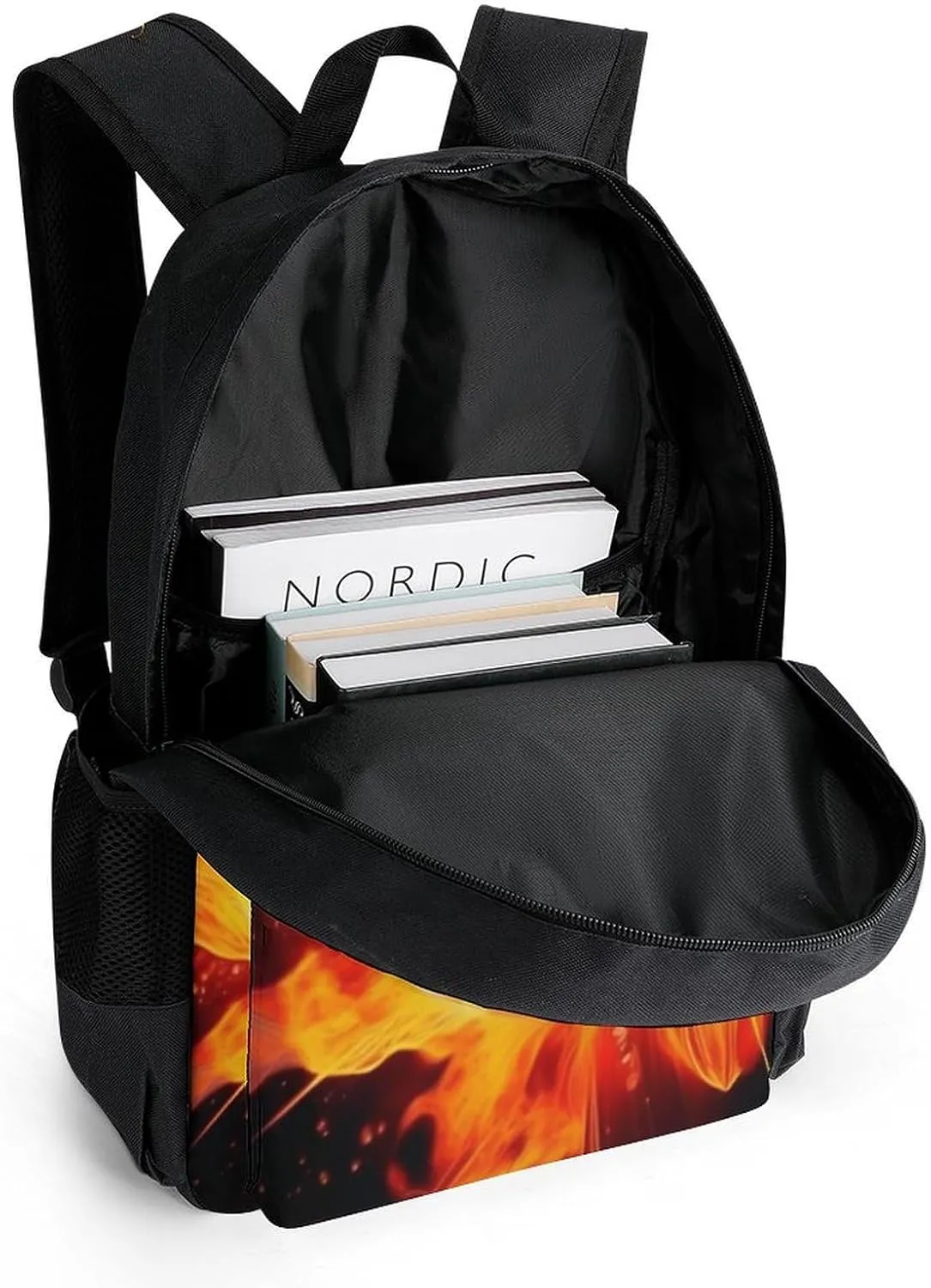Burnning Fire Basketball Art Backpack Polyester Anti-Theft Multipurpose Bookbag Large Capacity Laptop Book Bag Rucksack With Side Pockets