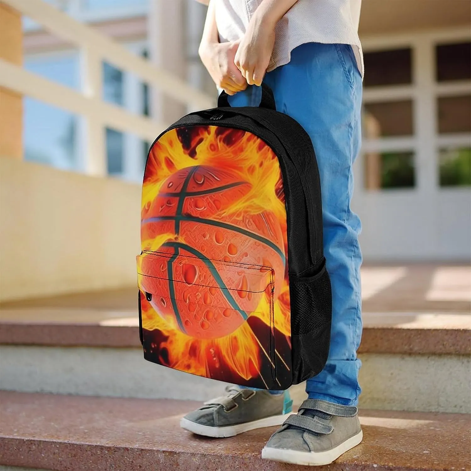 Burnning Fire Basketball Art Backpack Polyester Anti-Theft Multipurpose Bookbag Large Capacity Laptop Book Bag Rucksack With Side Pockets