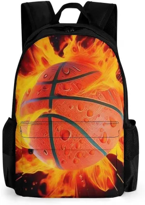 Burnning Fire Basketball Art Backpack Polyester Anti-Theft Multipurpose Bookbag Large Capacity Laptop Book Bag Rucksack With Side Pockets