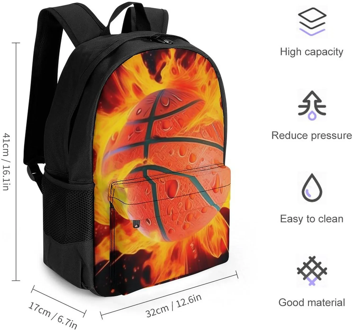 Burnning Fire Basketball Art Backpack Polyester Anti-Theft Multipurpose Bookbag Large Capacity Laptop Book Bag Rucksack With Side Pockets