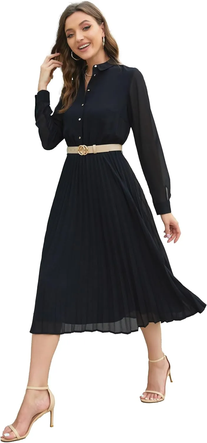 Business Casual Shirt Dress for Women Long Sleeves Pleated Midi Dresses with Belt