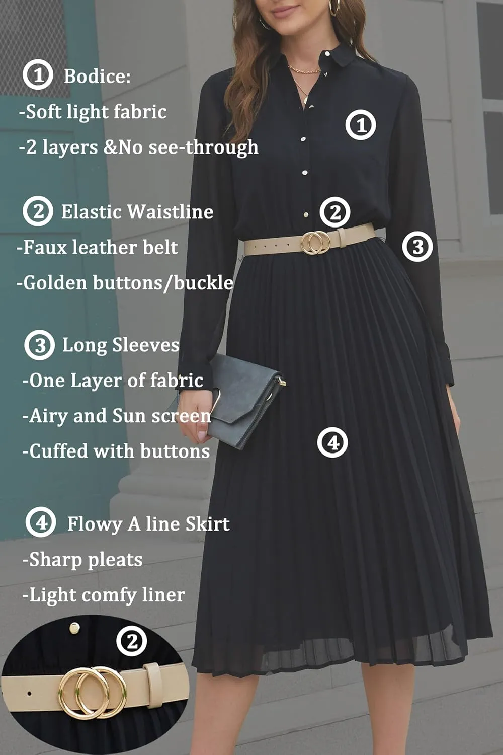 Business Casual Shirt Dress for Women Long Sleeves Pleated Midi Dresses with Belt