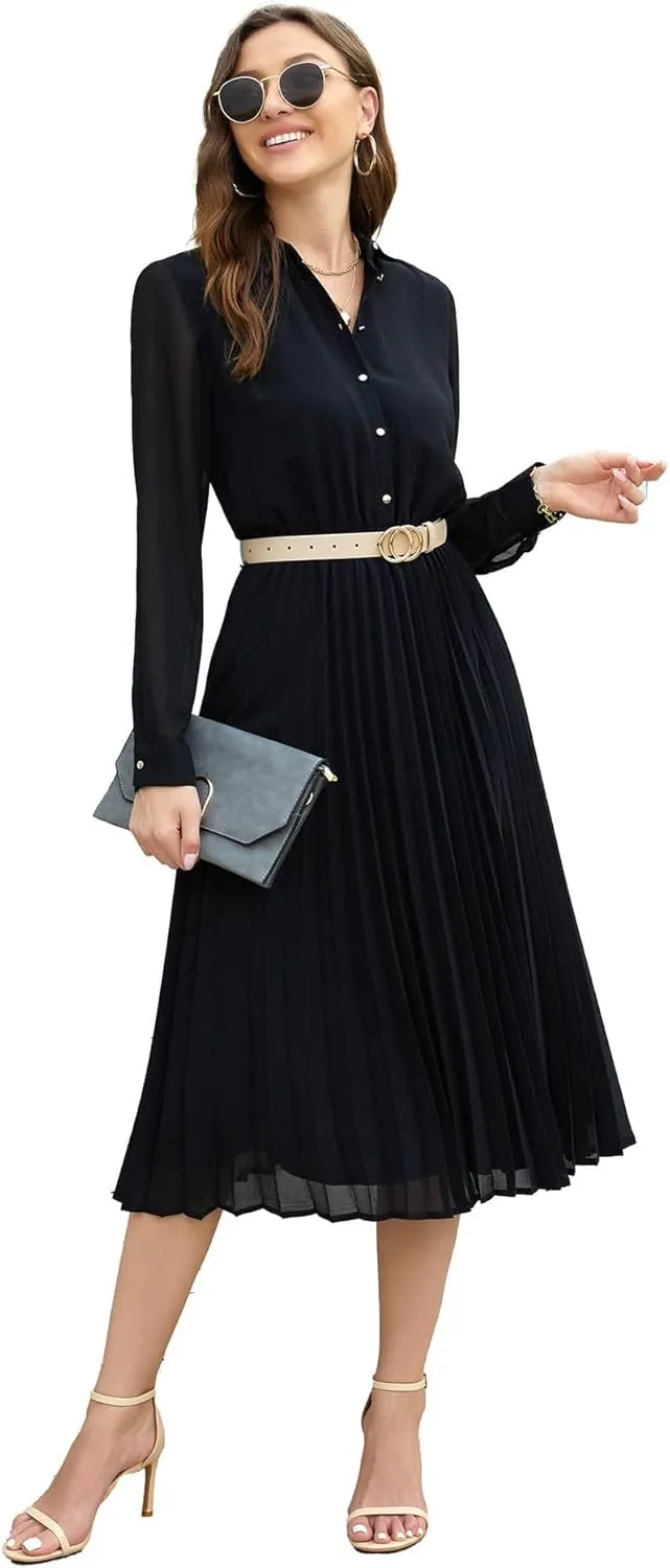 Business Casual Shirt Dress for Women Long Sleeves Pleated Midi Dresses with Belt