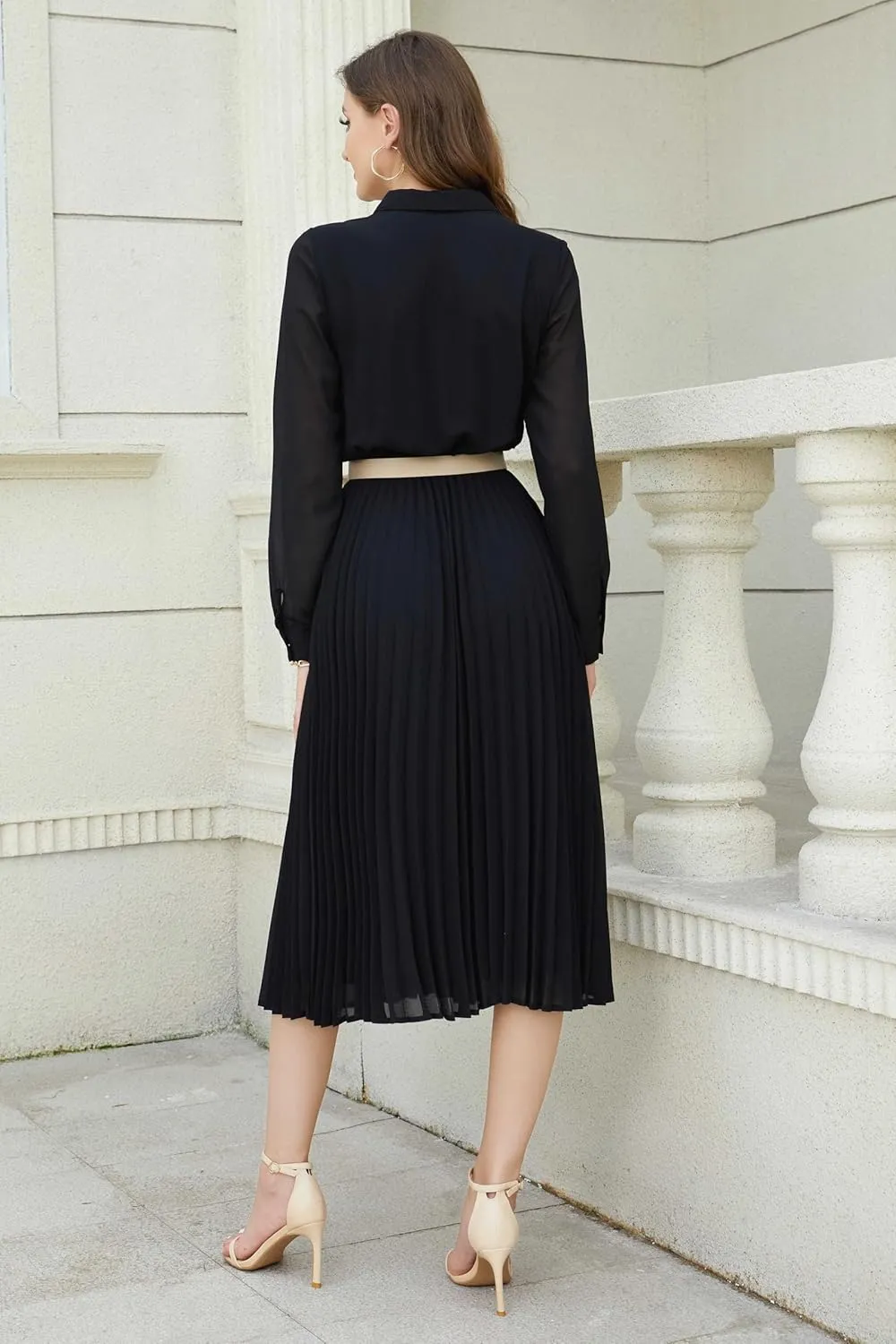 Business Casual Shirt Dress for Women Long Sleeves Pleated Midi Dresses with Belt