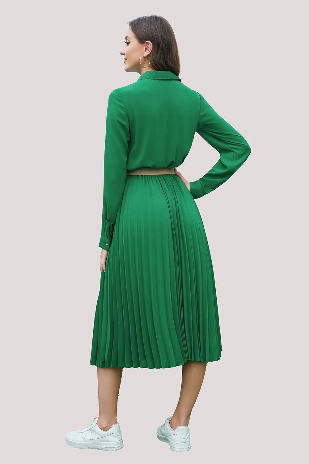 Business Casual Shirt Dress for Women Long Sleeves Pleated Midi Dresses with Belt