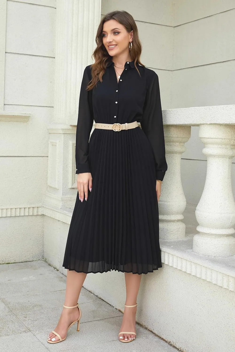 Business Casual Shirt Dress for Women Long Sleeves Pleated Midi Dresses with Belt