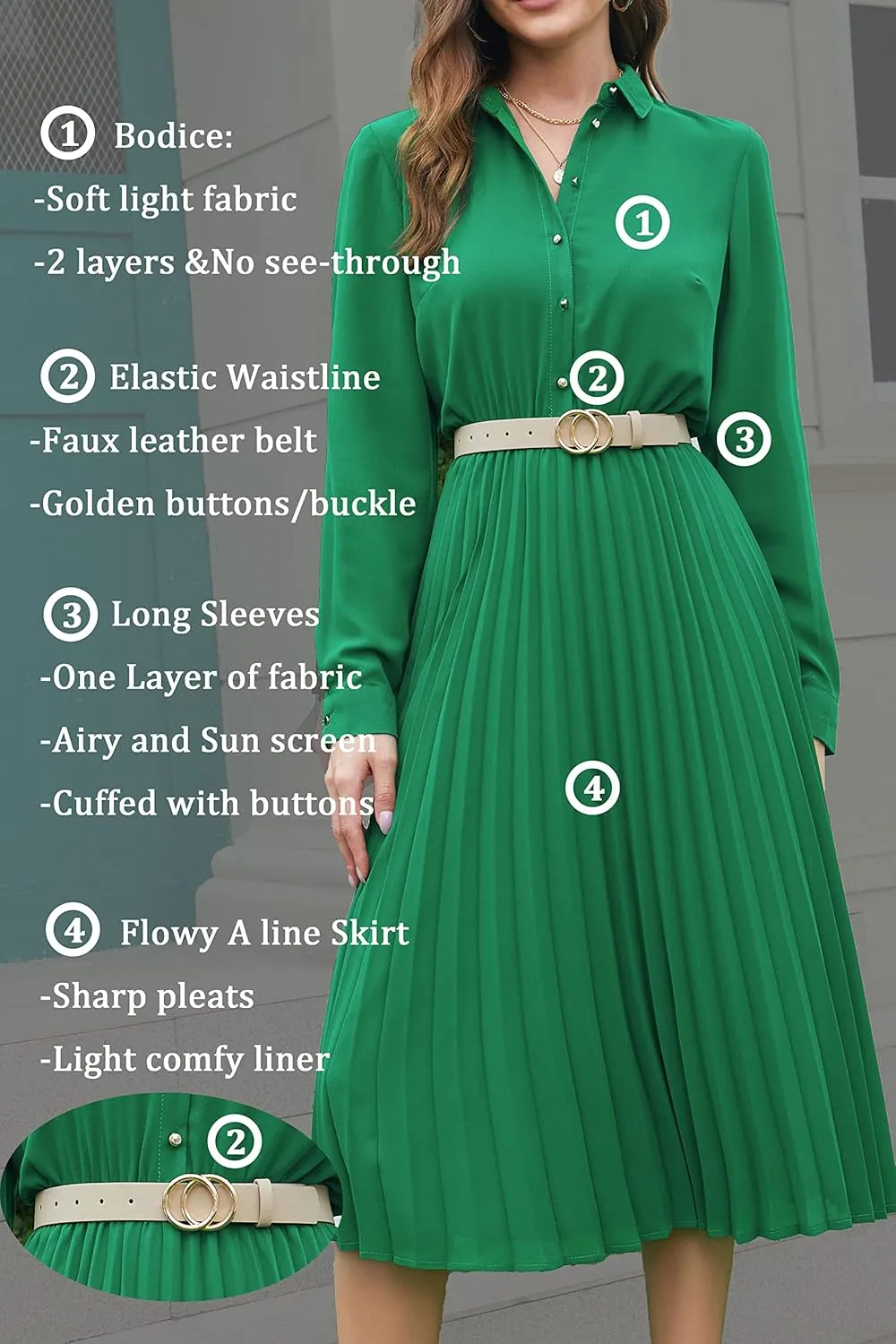 Business Casual Shirt Dress for Women Long Sleeves Pleated Midi Dresses with Belt