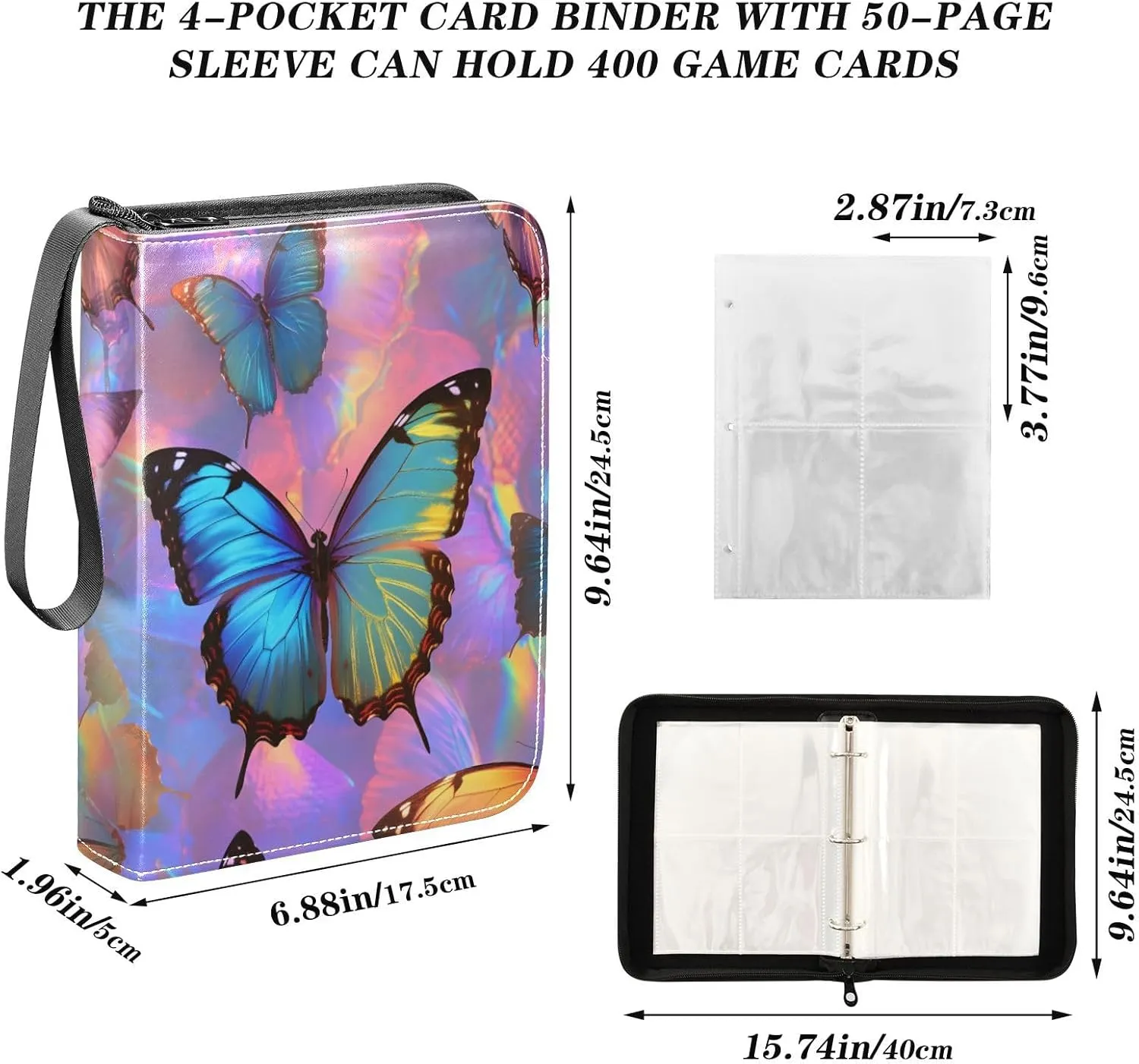 Butterflies Colorful Trading Card Binder, Zip Binder with Sleeves Card Collection Storage