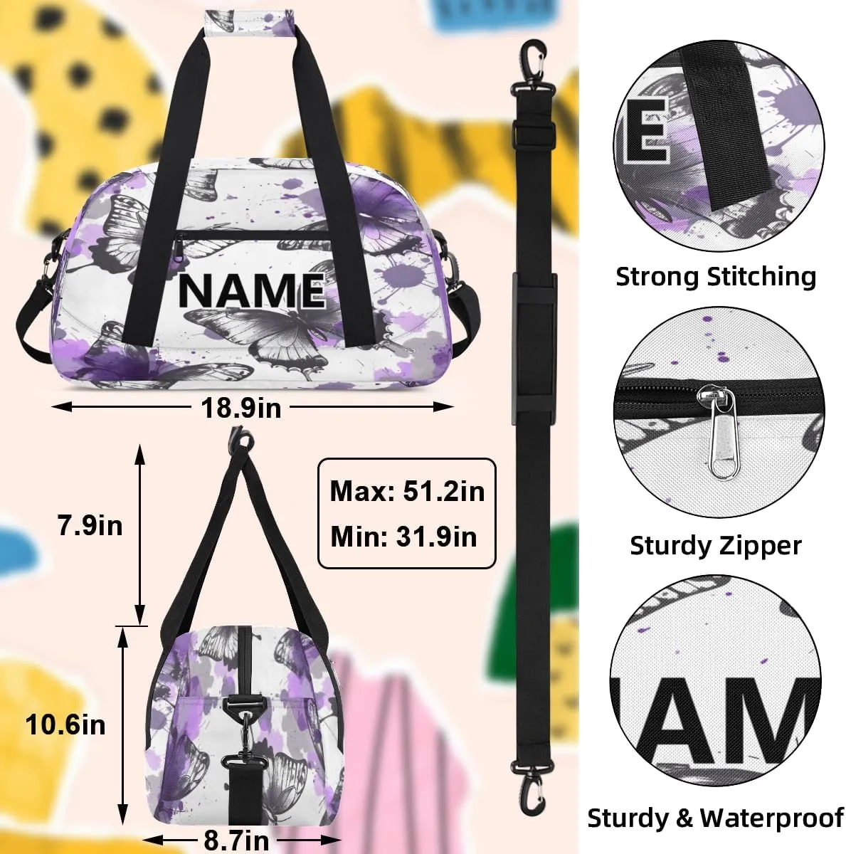 Butterfly Mini Gym Bag 18 inch for Women Men Waterproof Custom Butterflies Travel Duffel Bag Carry On Overnight Tote Nurse Bag for Work Fitness Hiking