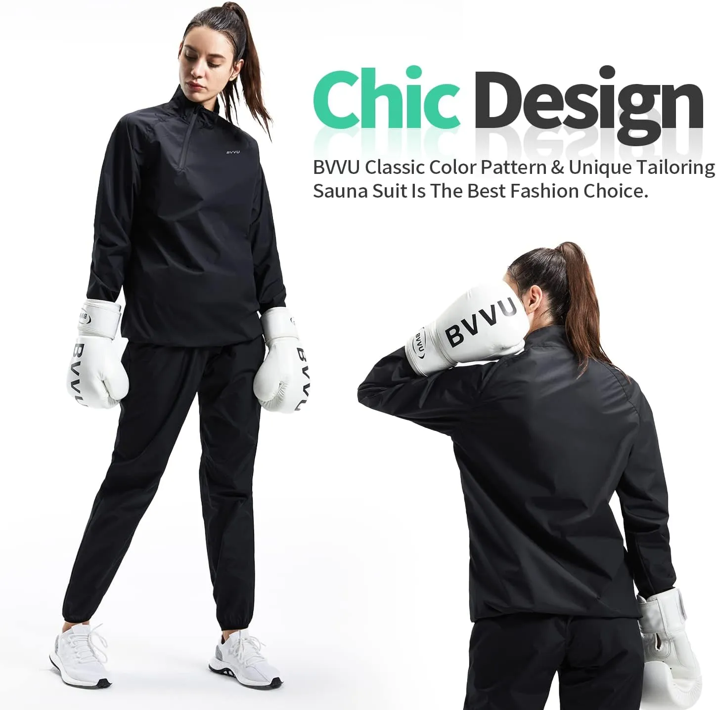 BVVU Sauna Suit for Women Sweat Suits Zipper Plus Size Workout Sweat Sauna Jacket Pants Anti Rip Exercise Boxing Gym