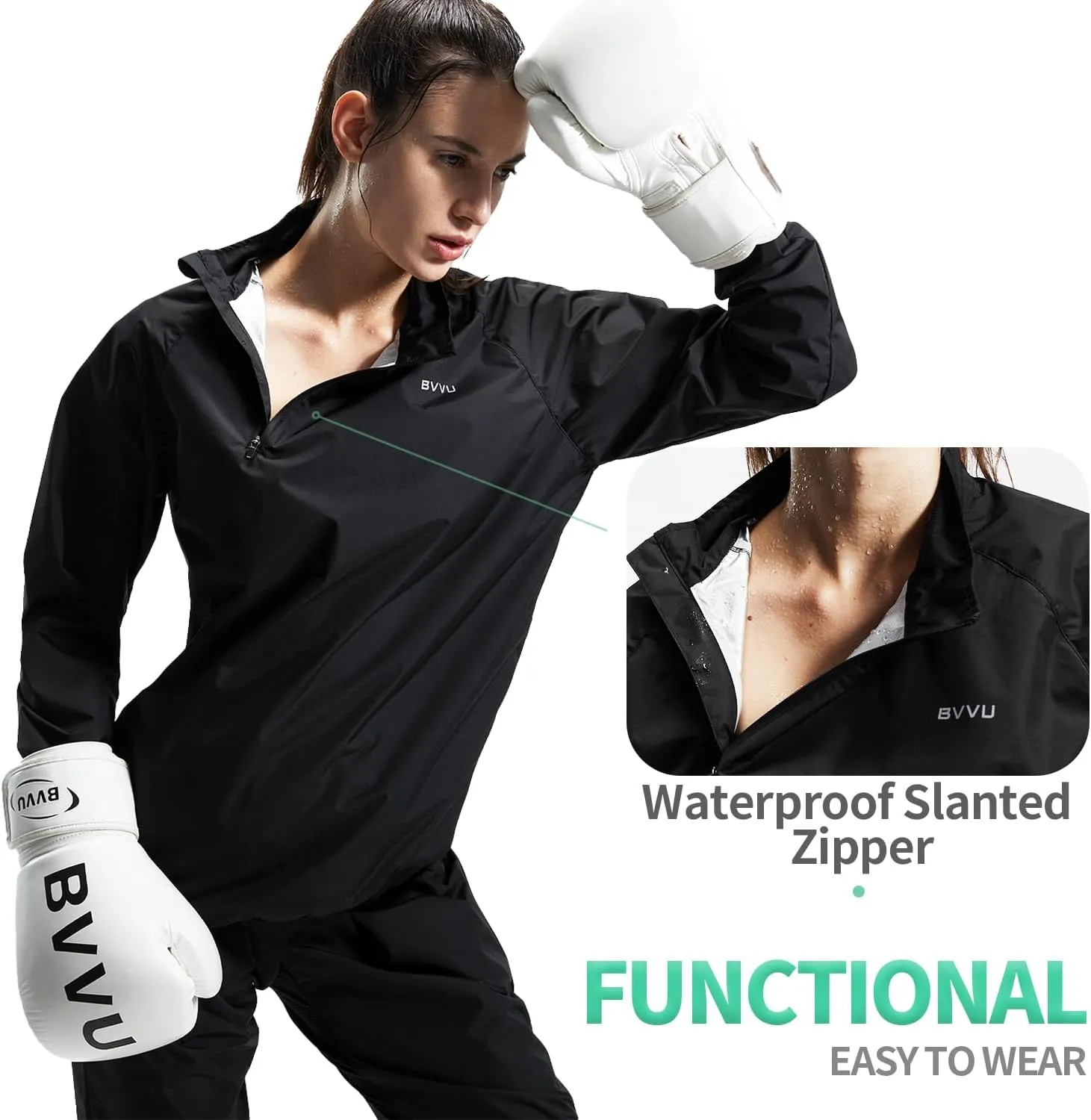 BVVU Sauna Suit for Women Sweat Suits Zipper Plus Size Workout Sweat Sauna Jacket Pants Anti Rip Exercise Boxing Gym