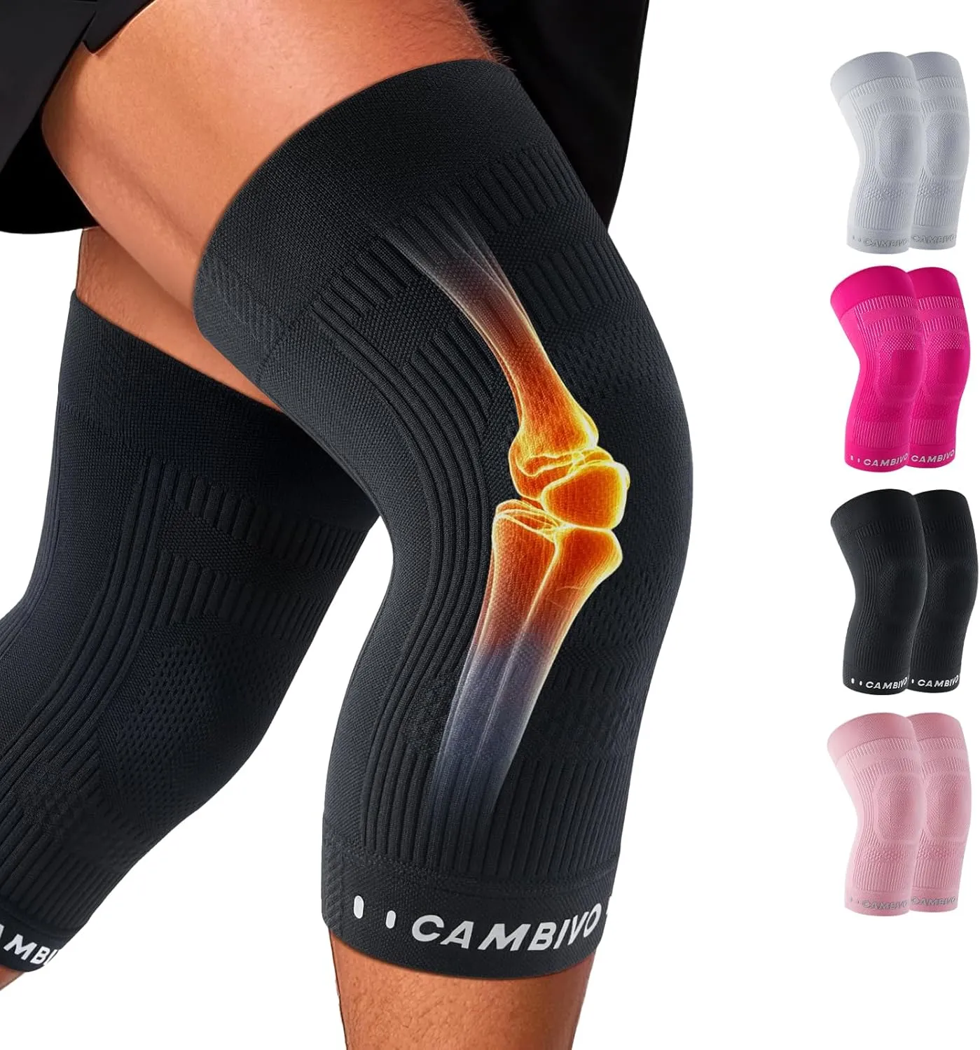 CAMBIVO Elite Motion Series Knee Brace for Women and Men (2 Pack), Ultra-Thin Lightweight Knee Compression Sleeve with Reflective Design for Pain Relief, Running, Workouts, Daily Use (Black, Medium)