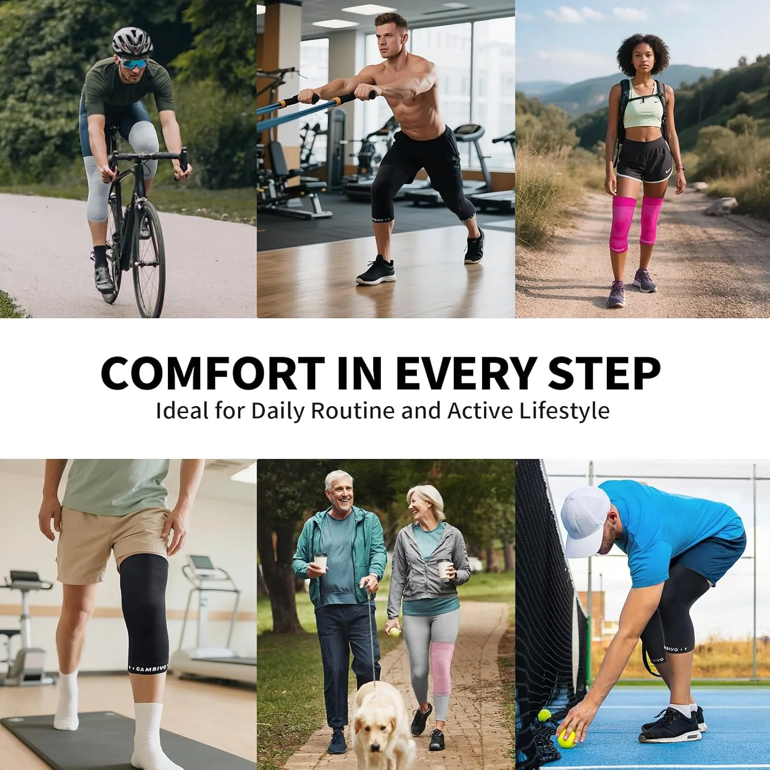 CAMBIVO Elite Motion Series Knee Brace for Women and Men (2 Pack), Ultra-Thin Lightweight Knee Compression Sleeve with Reflective Design for Pain Relief, Running, Workouts, Daily Use (Black, Medium)