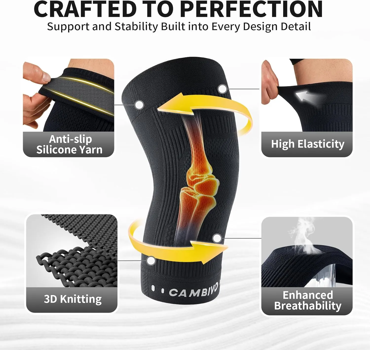 CAMBIVO Elite Motion Series Knee Brace for Women and Men (2 Pack), Ultra-Thin Lightweight Knee Compression Sleeve with Reflective Design for Pain Relief, Running, Workouts, Daily Use (Black, Medium)